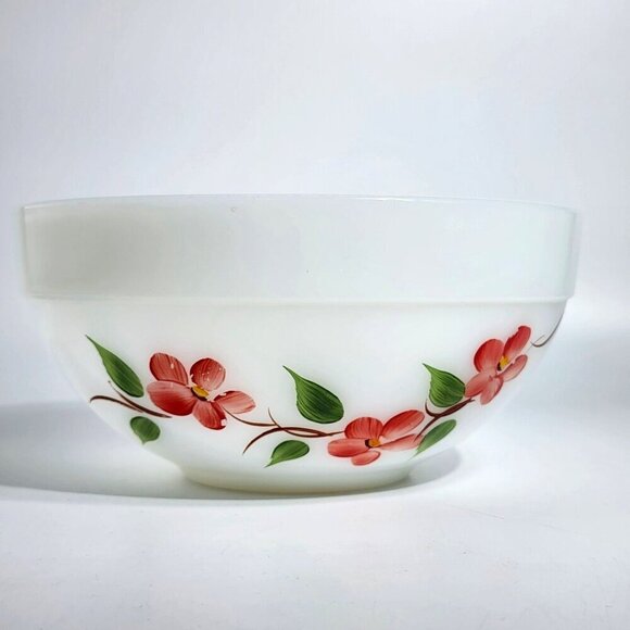Fire King Hand-Painted Milk Glass Mixing Bowl With Pink Floral Design VTG - Picture 1 of 11
